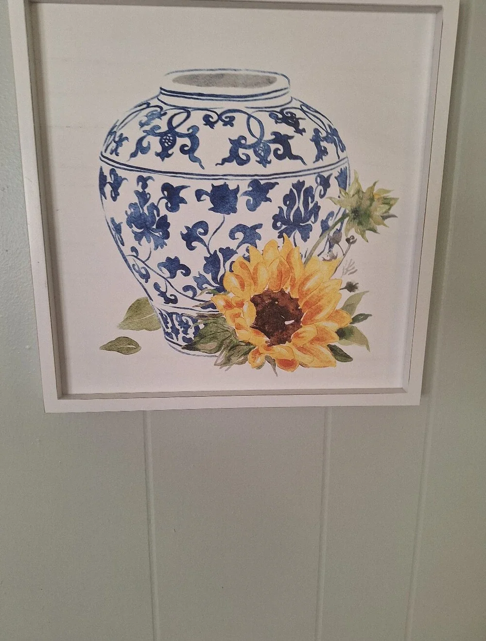 Blue and White Decorative Vase Print with Sunflower Wall Art Picture